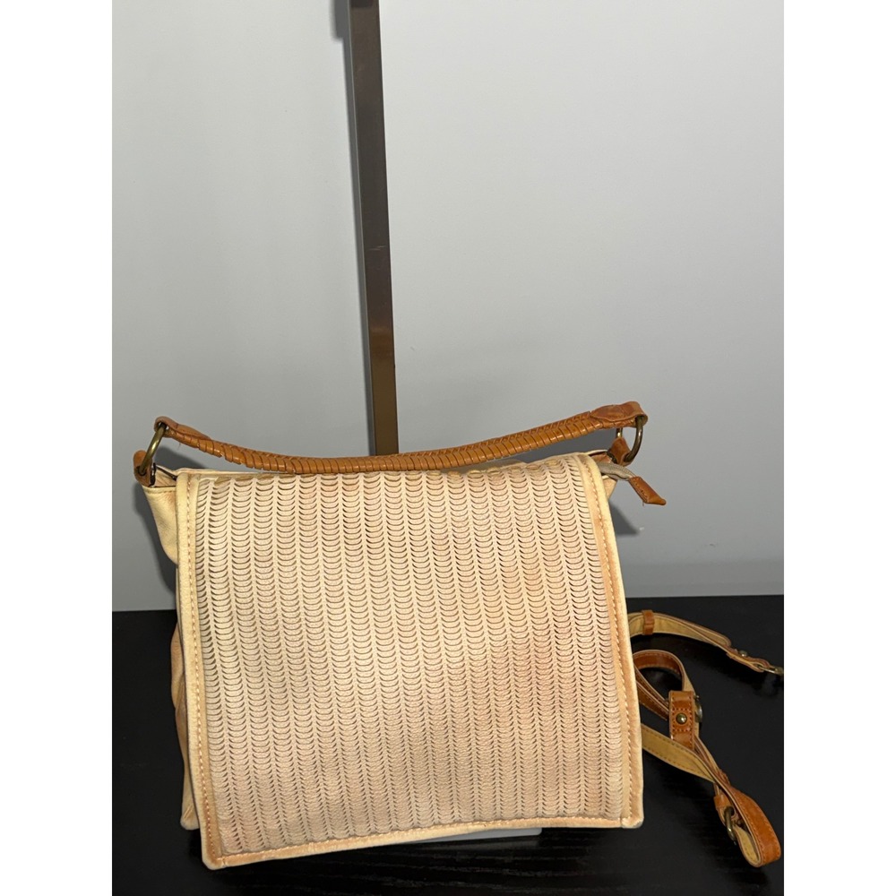 Free People Tan Leather Perforated Flap Hobo Crossbody Bag Braided Handle